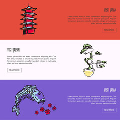 Visit Japan horizontal web banners. Koi fish, cherry flowers, bonsai tree in pot, pagoda tower drawn vector illustrations. Templates with country related symbols. For travel company landing page