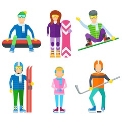 Active leisure people icons set. Winter extreme activity vector illustration. Hockey, snowboarding, skiing, ice skating. Winter holiday. People in winter sport equipment isolated on white background.