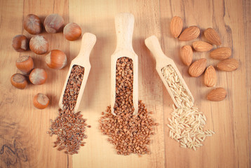 Vintage photo, Natural ingredients and products containing magnesium and dietary fiber, healthy nutrition