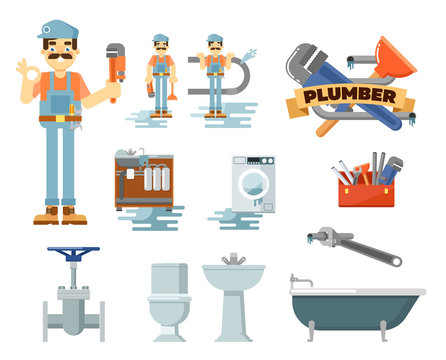 Professional plumbing repair service isolated vector illustration. Plumber man in uniform with tools at work. Toilet, kitchen sink, bath, washing machine, water pipes, tap, adjustable wrench, plunger