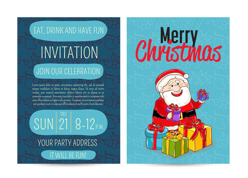 Invitation on Christmas party with date and time. Cheerful Santa with color wrapped presents cartoon vector. Merry Christmas and happy New Year greetings. Xmas fun. Winter holidays celebrating