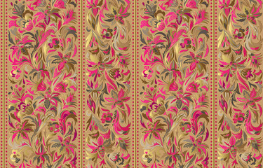 Seamless pattern with vertical stripes and floral hand drawing ornament. Vector wallpaper