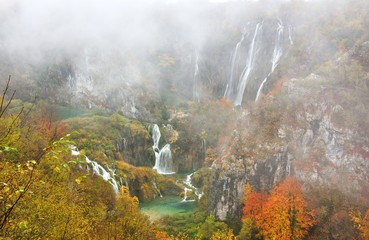 Fototapeta na wymiar Plitvice Lakes Autumn Color and Mist
