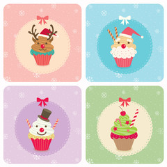 Cupcakes decoration like reindeer, santa claus, snowman and christmas tree for merry christmas and happy new year festival holiday party.Illustration vector pastel colors.