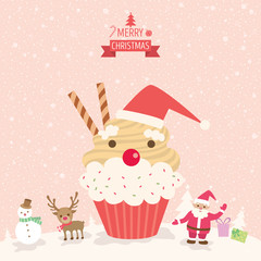 Illustration vector santa claus cupcake for merry christmas card party on snow  background.