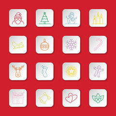 Christmas and new year icon set vector illustration - colorful outline on white rounded rectangle button