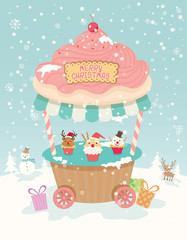Merry christmas cupcake push cart booth kiosk with ornament on snow background party.Pastel color cute style.Illustration vector.