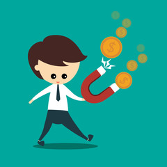Businessman attracts money with magnet, business cartoon concept
