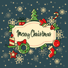  Christmas vector illustration. Cute greeting card with snow, lettering and icons around.  Christmas and New Year concept.