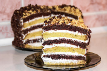 piece of cake (chocolate and vanilla shortcake) with sour cream on the background of the cake
