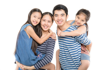 Happy Asian family smiling and lying on isolated white background, Happy family enjoying together