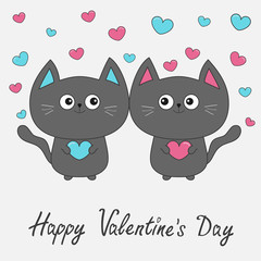 Happy Valentines Day. Gray contour cat couple family holding pink blue heart. Cute cartoon character. Kawaii animal Pet collection. Greeting card. Flat design. White background.