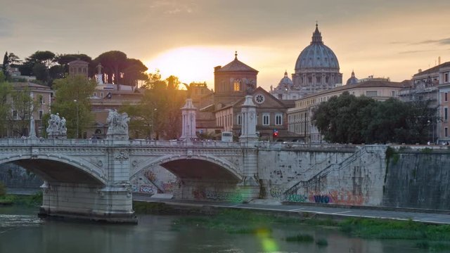 sunset vatican tiber river rome famous vittorio emanuelle bridge panorama 4k time lapse italy
