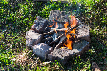 Bonfire in the spring forest. 