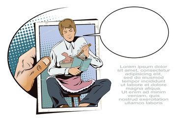 Young man stirs dough for cookies.