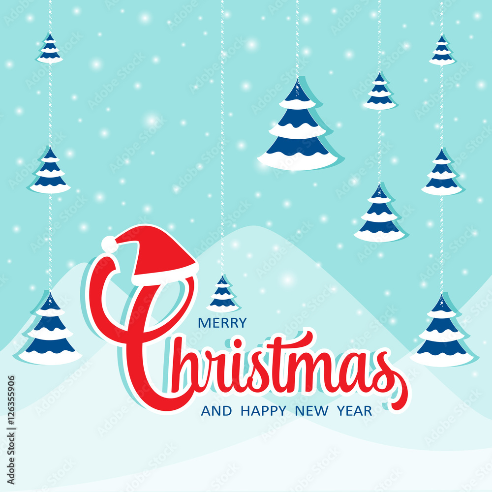 Aufkleber merry christmas and happy new year vector design with christmas trees and snow.