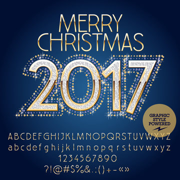 Vector shiny glitter Merry Christmas 2017 greeting card with set of letters, symbols and numbers. File contains graphic styles