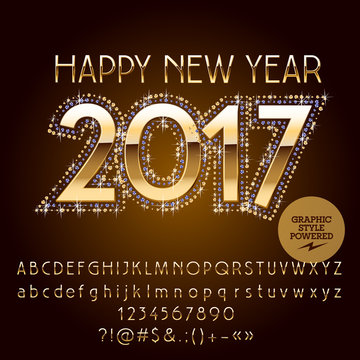 Vector golden glitter Happy New Year 2017 greeting card with set of letters, symbols and numbers. File contains graphic styles