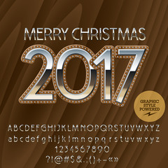 Vector chic wooden Happy New Year 2017 greeting card with set of letters, symbols and numbers. File contains graphic styles