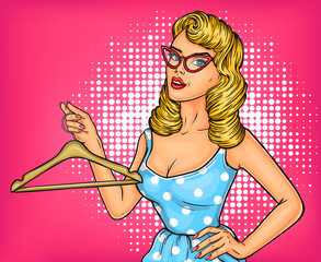 Vector illustration pop art girl with hanger