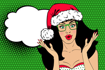 Pop art wow girl. Sexy surprised woman in red Santa Claus hat and green glasses with open mouth and speech bubble. Vector Christmas background in pop art retro comic style. Party invitation template.