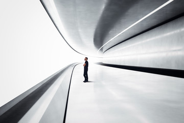 Man in a futuristic tunnel - obrazy, fototapety, plakaty