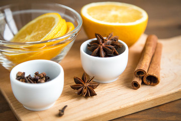 set of spices for mulled wine: orange, star anise, anise, cinnam