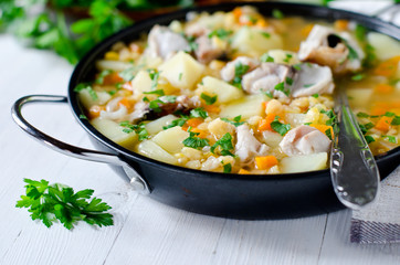 Pea soup with smoked mackerel