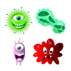 Set of cartoon bacteria, fun characters, cute monsters with different shapes, colors and facial expressions.