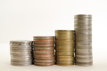 Baht Thai Coins / Baht Thai Coins Stacked Isolated On White Background.