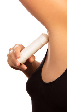 Unidentified Woman Uses Dry Underarm Deodorant Isolated On White Background.