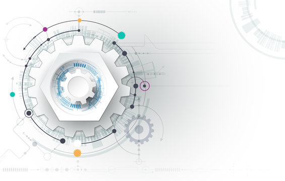 Vector illustration gear wheel, hexagons and circuit board, Hi-tech digital technology and engineering, digital telecom technology concept. Abstract futuristic on light blue color background