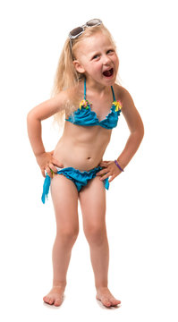 Little blond girl in bathing suit and sunglasses isolated.