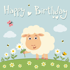 Happy birthday! Cute sheep with flower on meadow. Birthday card.