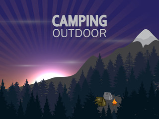 Vector flat illustration camping. Nature background with forest, mountains and hills. Camping  outdoor activities. Tent and fire camp.