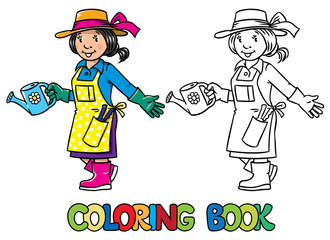 Coloring book of funny woman gardener. © passengerz