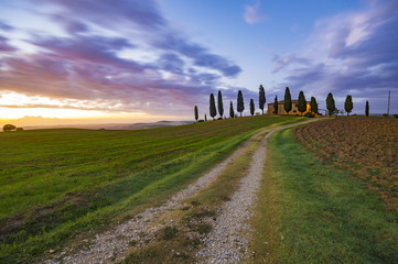 the famous Tuscan landscape at sunrise