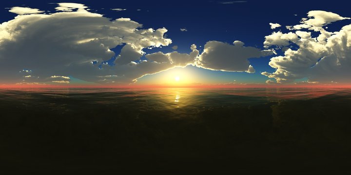 HDRI, high resolution map, environment map, Round panorama, spherical panorama, equidistant projection, sea sunset, panoramic,
