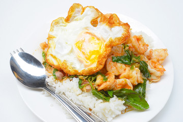 fried shrimps with chilli paste and basils, rice and fried egg topping
