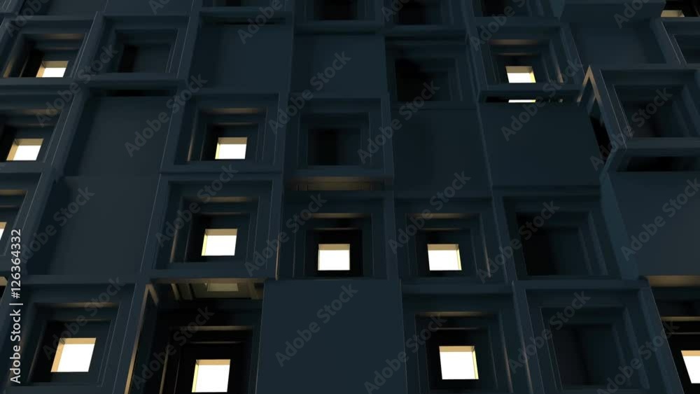 Poster abstract 3d rendering of several cubes. background made of repetitive square blocks. loopable detail