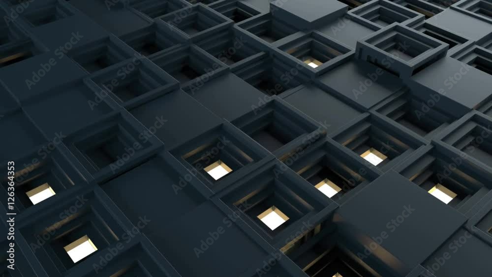 Poster abstract 3d rendering of several cubes. background made of repetitive square blocks. loopable detail
