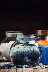 Lavender bath salt and natural soap, spa concept, vintage wooden