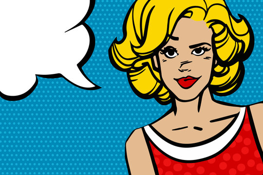 Pop art blonde woman with red lips and in a red dress. Comic woman with speech bubble. Vector illustration on a blue dotted background.