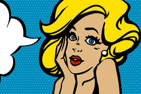 Pop art surprised blonde woman face with red lips. Comic woman with speech bubble. Vector illustration on a blue dotted background.