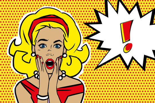 Pop art surprised blond woman face with open mouth. Comic woman with speech bubble. Vector illustration.