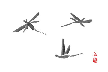 Three dragonflies flying in the air. Hand-drawn with ink in traditional Japanese style sumi-e. Sealed with hieroglyphes "flower" and "love"
