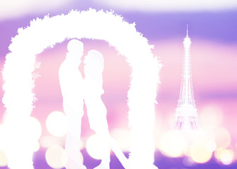 white silhouette of romantic lovers under the wedding arch with eiffel tower on a background in Paris , France