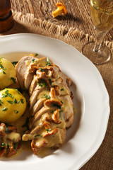 Roasted chicken breast served in a mushroom chanterelle sauce.