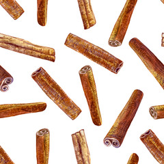 Cinnamon watercolor illustration isolated on white background, Hand drawn seamless pattern, Design food, Organic fresh spice ingredient for healthy market, restaurant menu, kitchen aromatherapy, paper