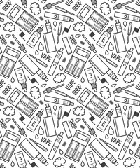 Vape pattern. Vector seamless pattern of vape and accessories. Isolated on white background. Endless background electronic cigarette. Icons pattern for vape shop, e-cigarette store